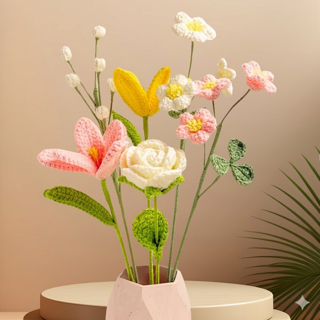 Handmade Crochet Flower Bouquet - Pink Lily, White Rose & Yellow Tulips | Everlasting Home Decor