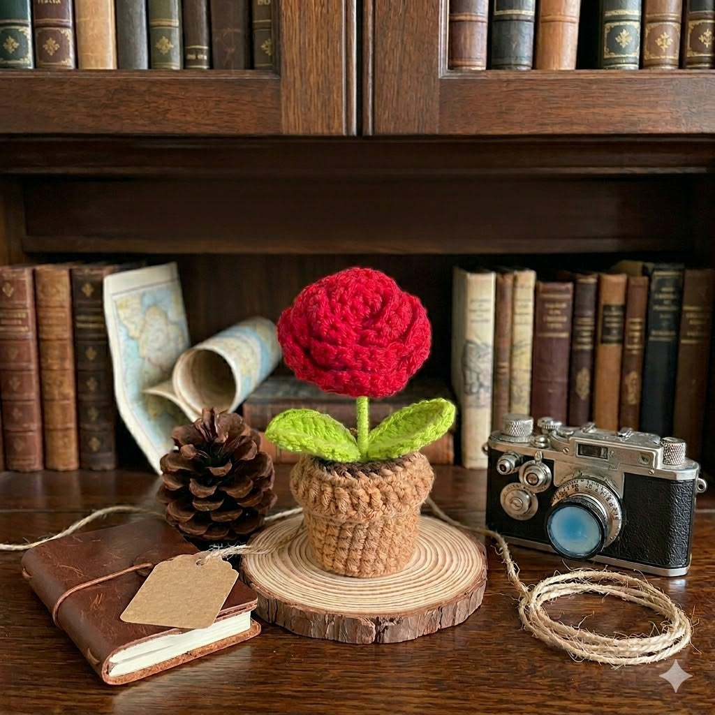 Handmade Crochet Red Rose Potted Plant | Knitted Yarn Flower Desk Decor
