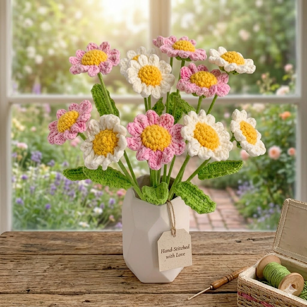 9pcs Handmade Pink & White Daisy Crochet Flower Bouquet | Everlasting Home Decor