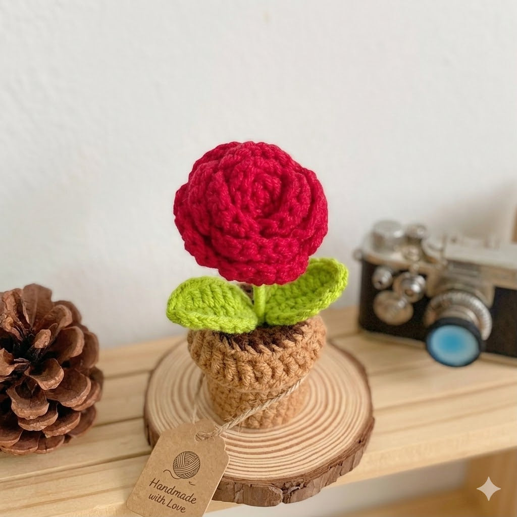 Handmade Crochet Red Rose Potted Plant | Knitted Yarn Flower Desk Decor
