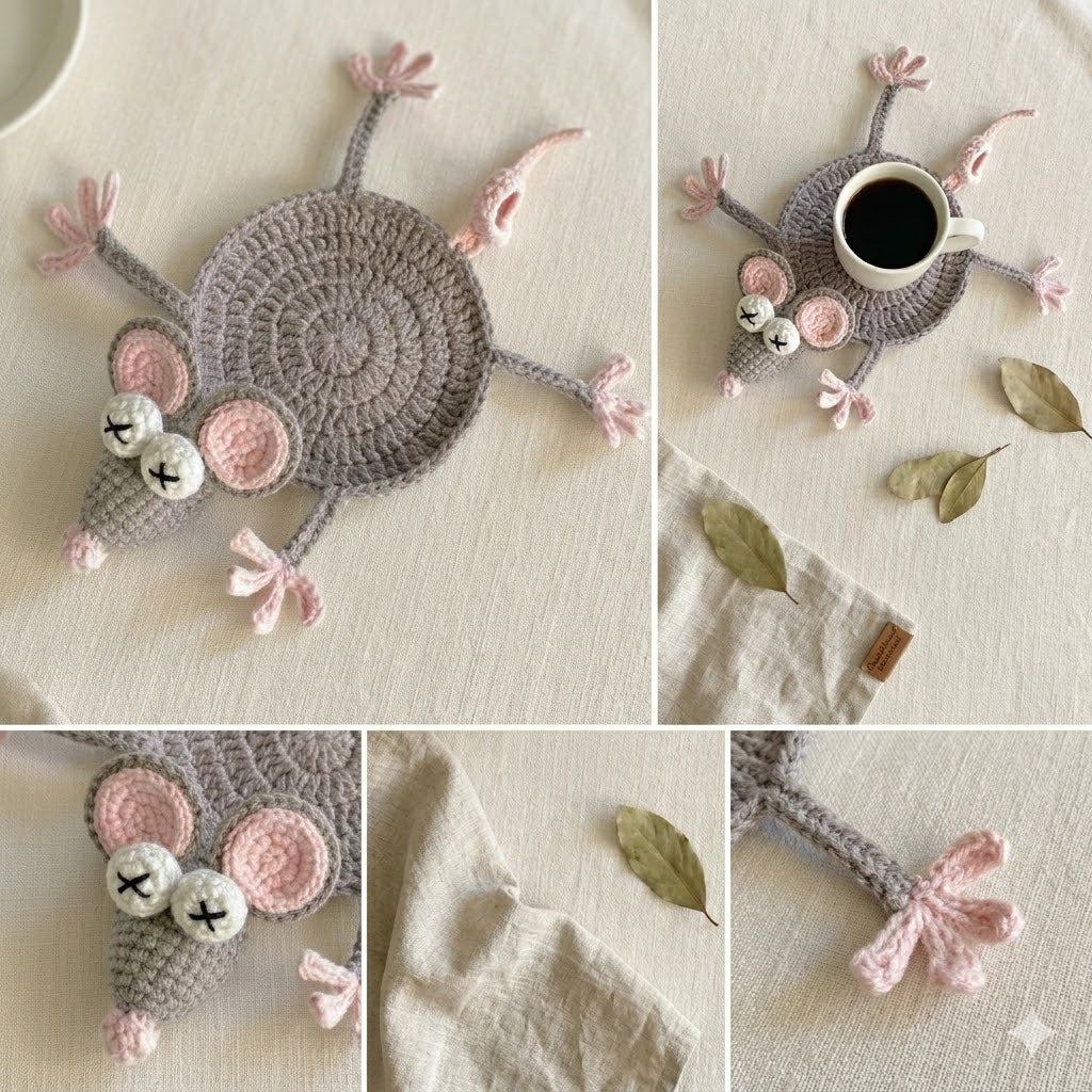 Handmade Crochet Mouse Coaster Set | Cute Animal Placemat & Drink Coasters