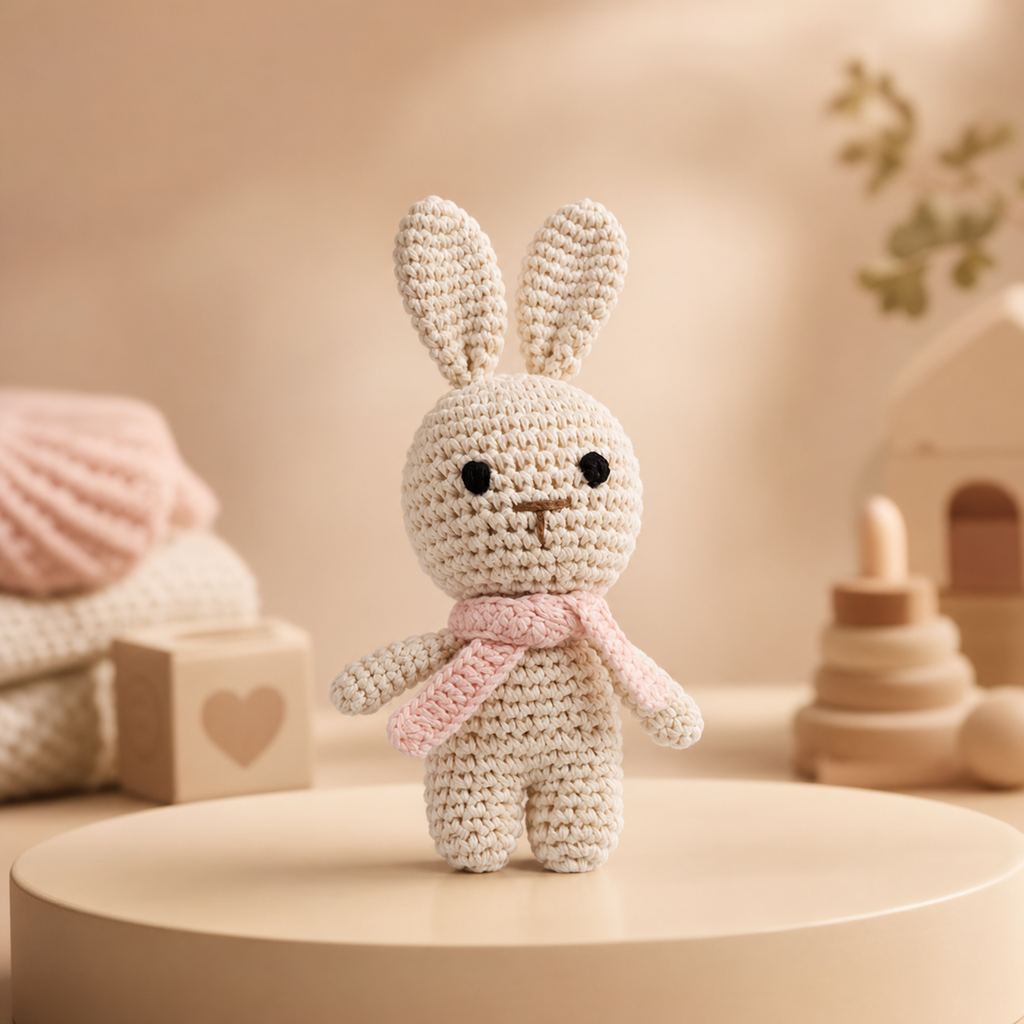 Handmade Crochet Rabbit with Pink Scarf | Newborn Baby Keepsake Toy