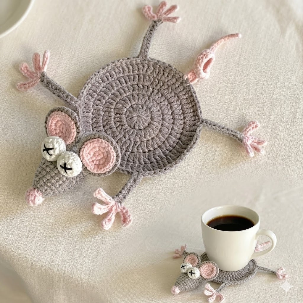 Handmade Crochet Mouse Coaster Set | Cute Animal Placemat & Drink Coasters