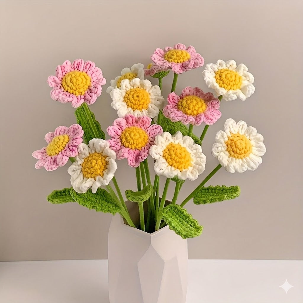 9pcs Handmade Pink & White Daisy Crochet Flower Bouquet | Everlasting Home Decor