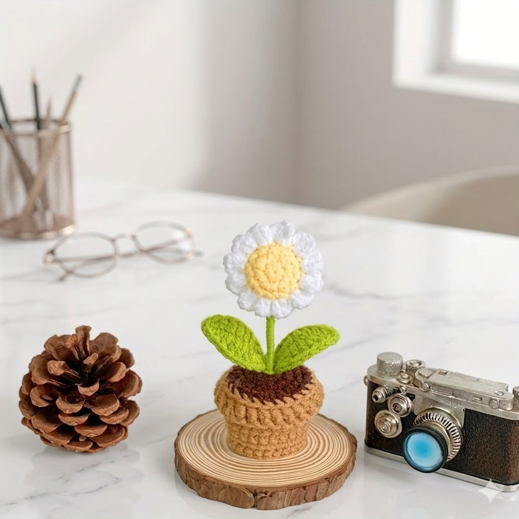 Handmade Crochet White Daisy Potted Plant | Double Leaf Yarn Flower Desk Decor
