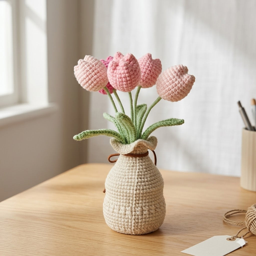 Handmade Crochet Tulip Bouquet in Yarn Vase | Pink Tulips Everlasting Flower Arrangement