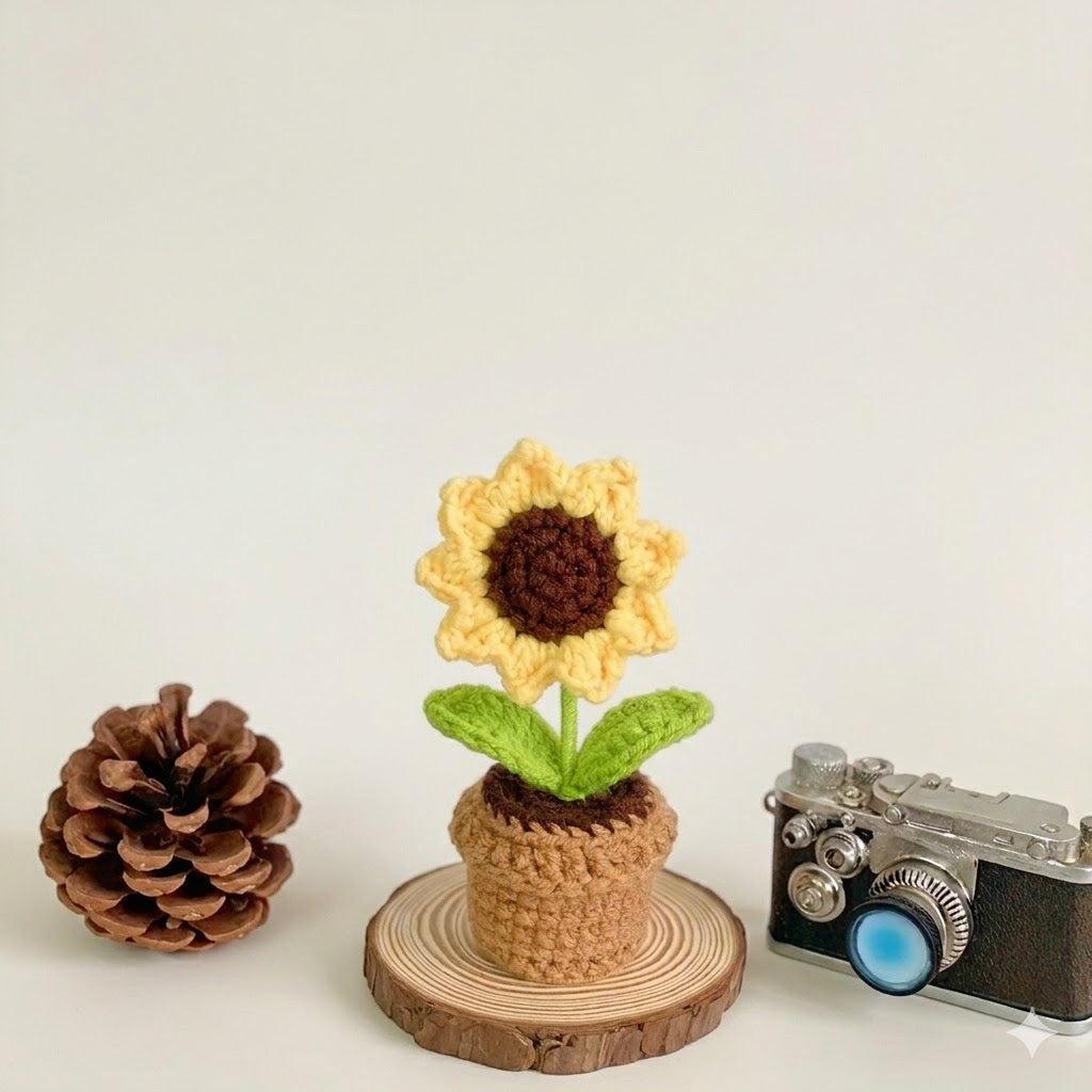 Handmade Crochet Sunflower Potted Plant | Double Leaf Yarn Flower Desk Decor