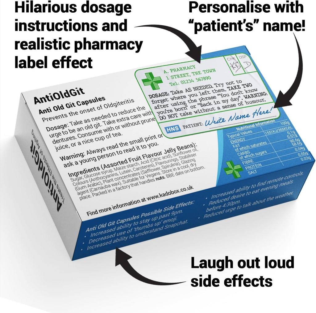 AntiOldGit Joke Pill Box | Funny Jelly Bean Sweets Gift for Men | Birthday, Father's Day & Retirement Present for Dad, Grandad & Him