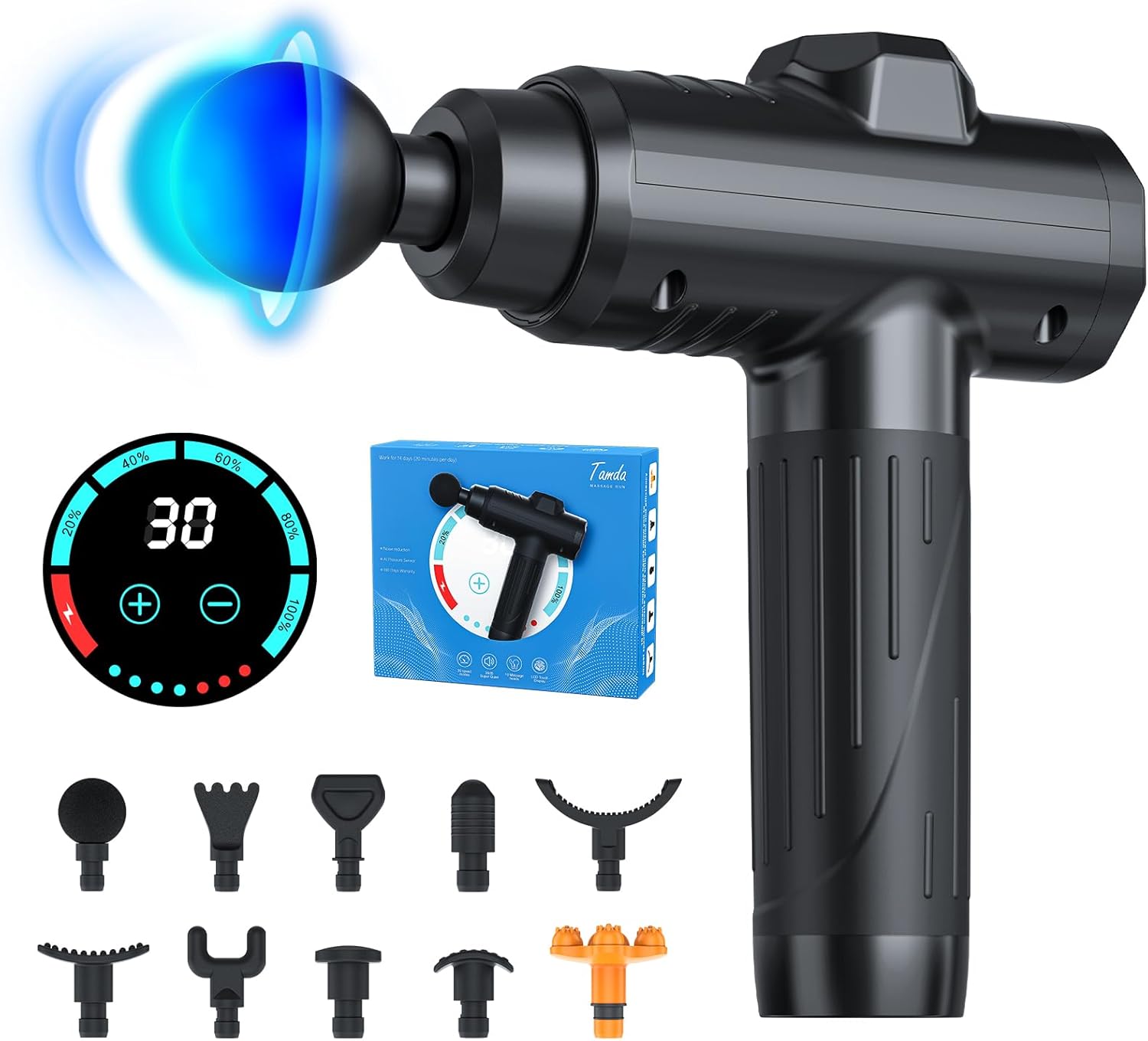 Massage Gun Deep Tissue | 2026 Upgraded 30 Speeds, 10 Massage Heads, LCD Touch Screen | Portable Muscle Massager for Back, Shoulder & Body Recovery