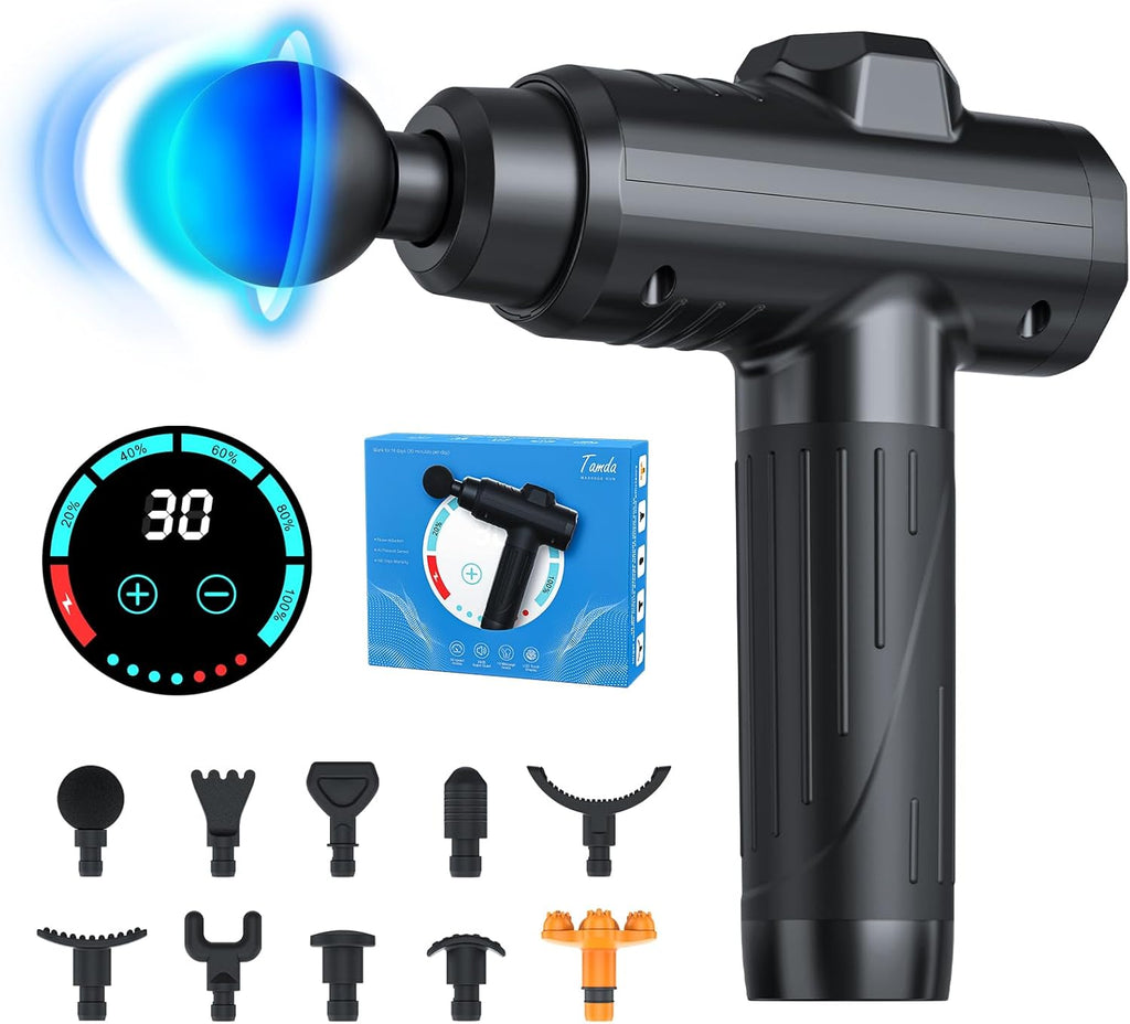 Massage Gun Deep Tissue | 2026 Upgraded 30 Speeds, 10 Massage Heads, LCD Touch Screen | Portable Muscle Massager for Back, Shoulder & Body Recovery