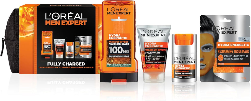 L'Oreal Men Expert Hydra Energetic products displayed on marble - Shower Gel, Face Wash, Moisturiser, Sheet Mask
