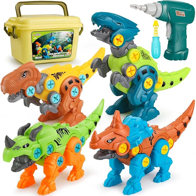 Dreamon dinosaur toy product size guide - T-Rex, Velociraptor, Triceratops, Centrosaurus, screwdrivers, electric drill and storage box dimensions
