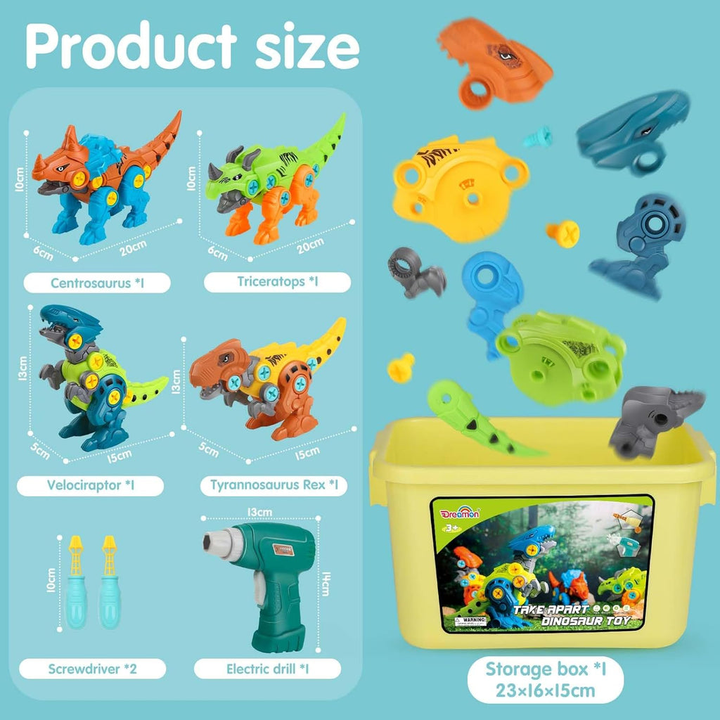 Dreamon Take Apart Dinosaur Toy Set 4 dinosaurs electric drill and storage box
