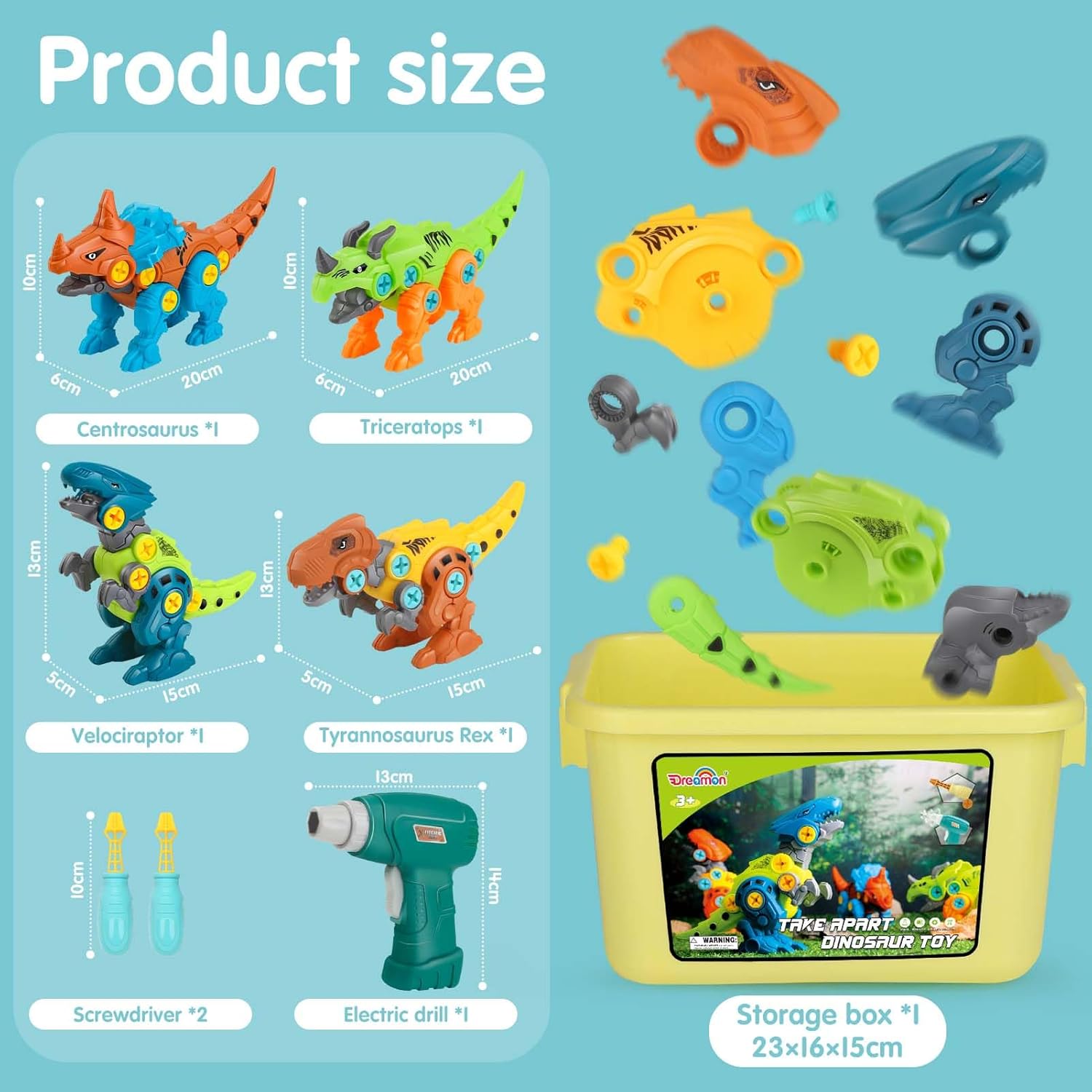 Dreamon Take Apart Dinosaur Toy Set 4 dinosaurs electric drill and storage box