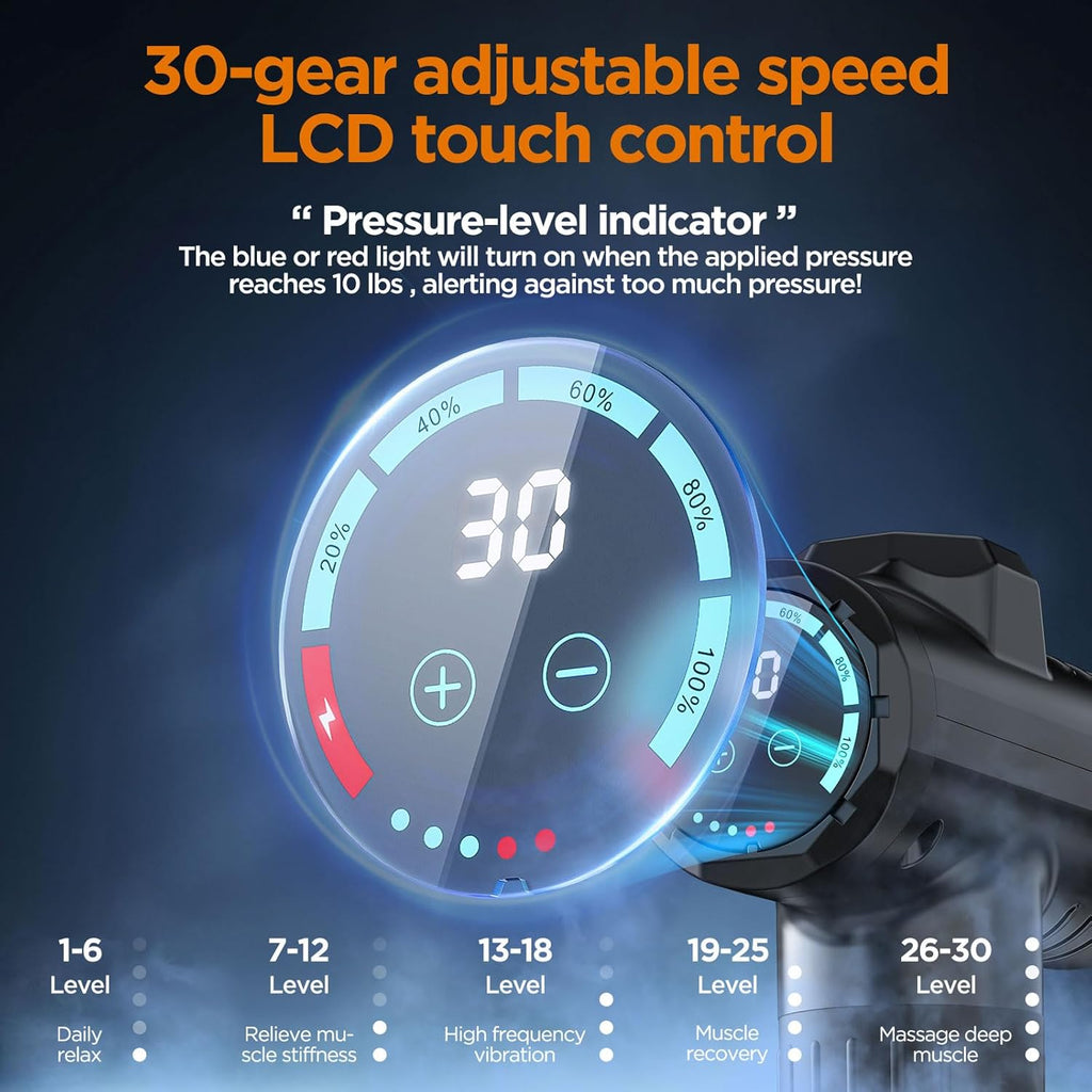 Massage Gun Deep Tissue | 2026 Upgraded 30 Speeds, 10 Massage Heads, LCD Touch Screen | Portable Muscle Massager for Back, Shoulder & Body Recovery