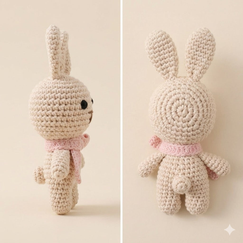 Handmade Crochet Rabbit with Pink Scarf | Newborn Baby Keepsake Toy