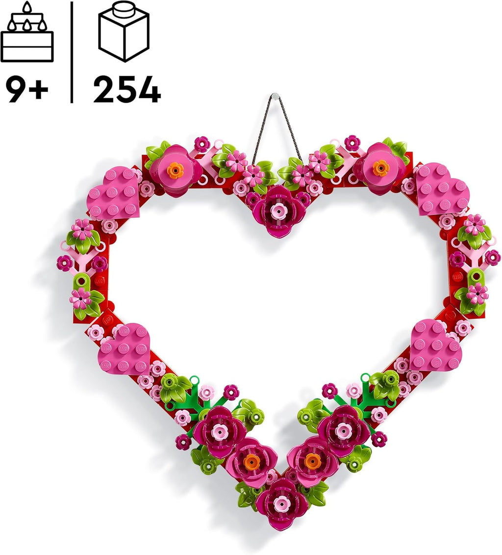 LEGO Heart Ornament 40638 displayed hanging on wooden door close-up floral detail
