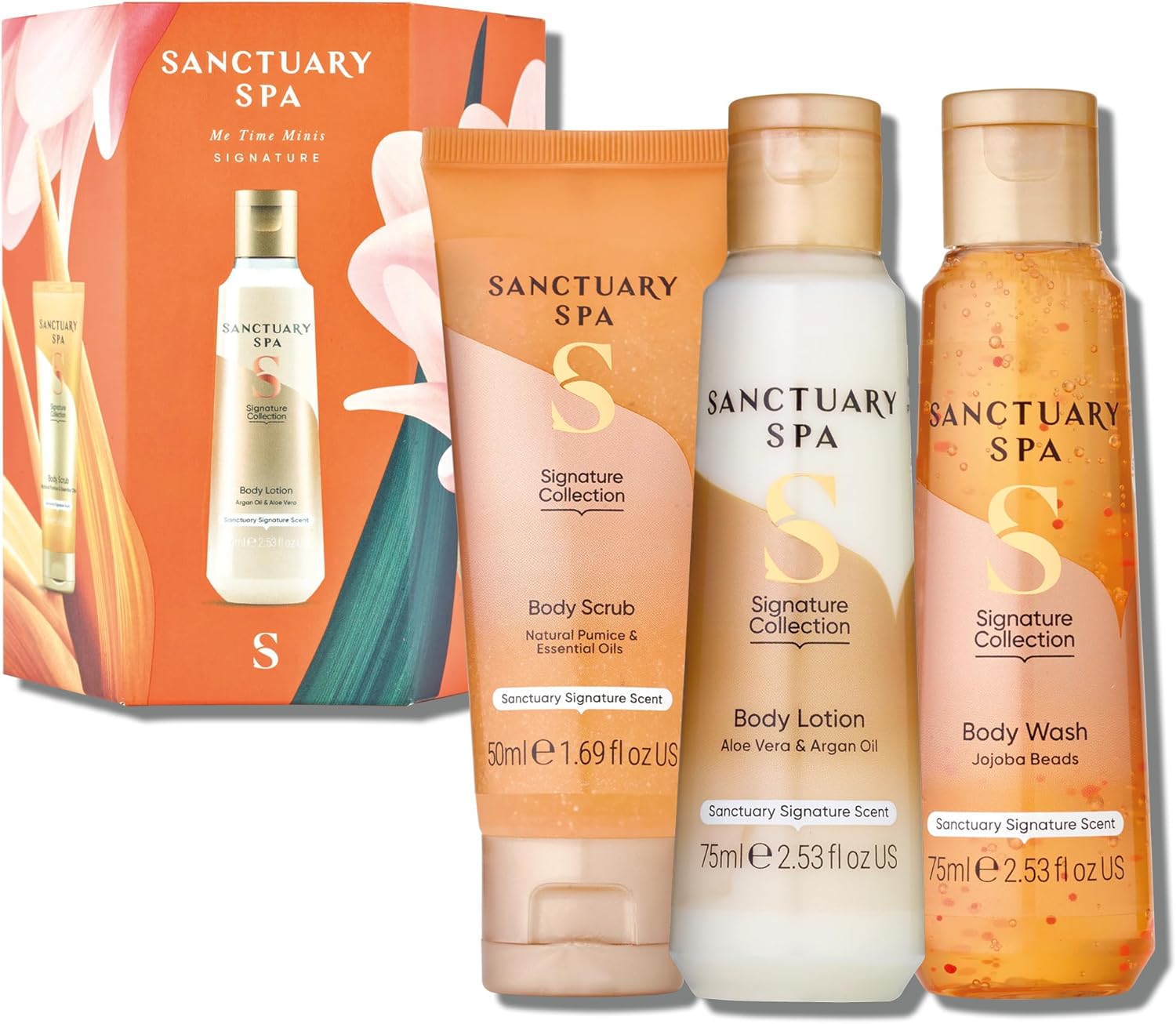 Sanctuary Spa Signature Collection Body Scrub, Body Lotion and Body Wash trio flatlay