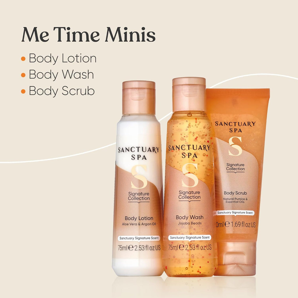 Sanctuary Spa Me Time Minis gift box back showing ingredients and vegan cruelty-free badges