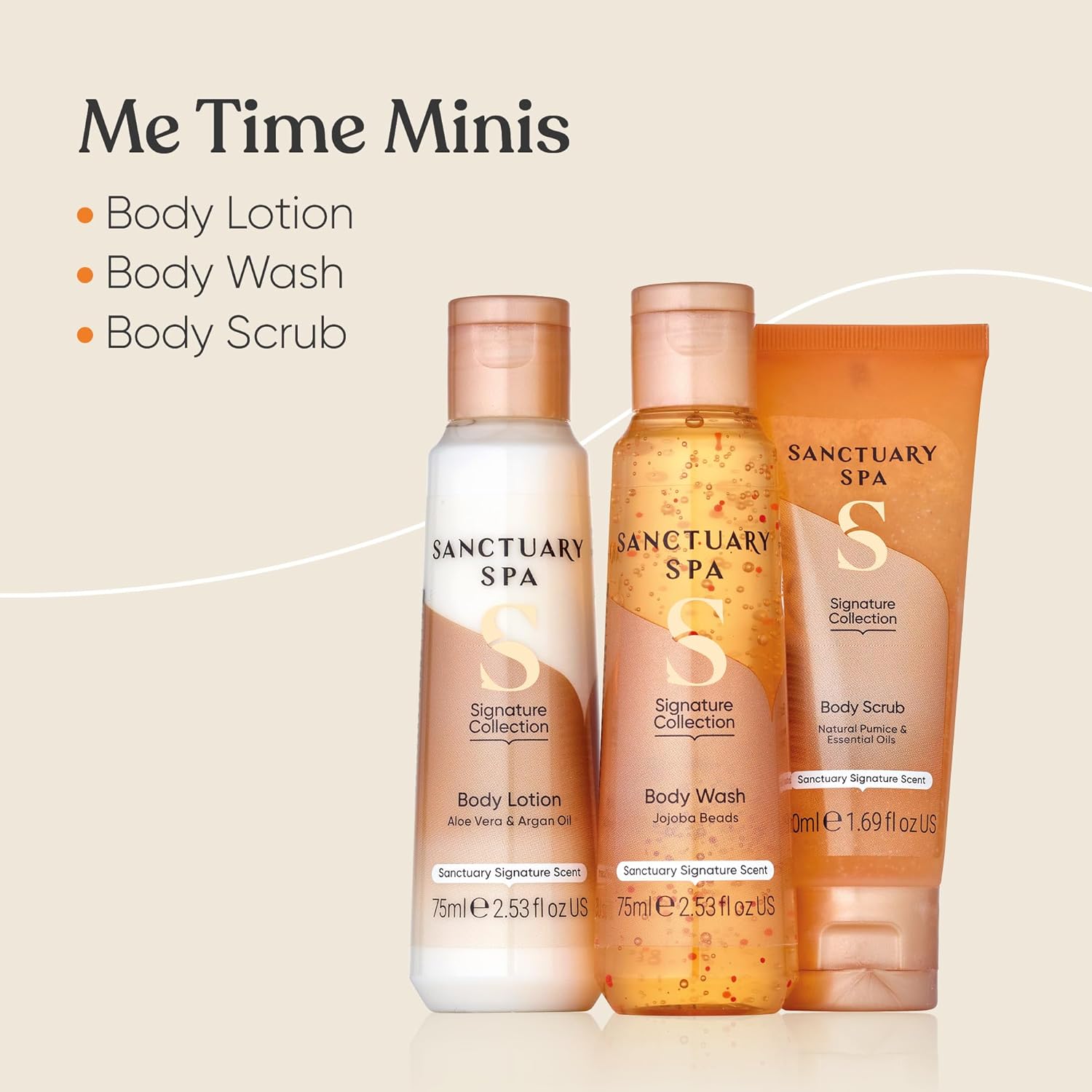 Sanctuary Spa Me Time Minis gift box back showing ingredients and vegan cruelty-free badges