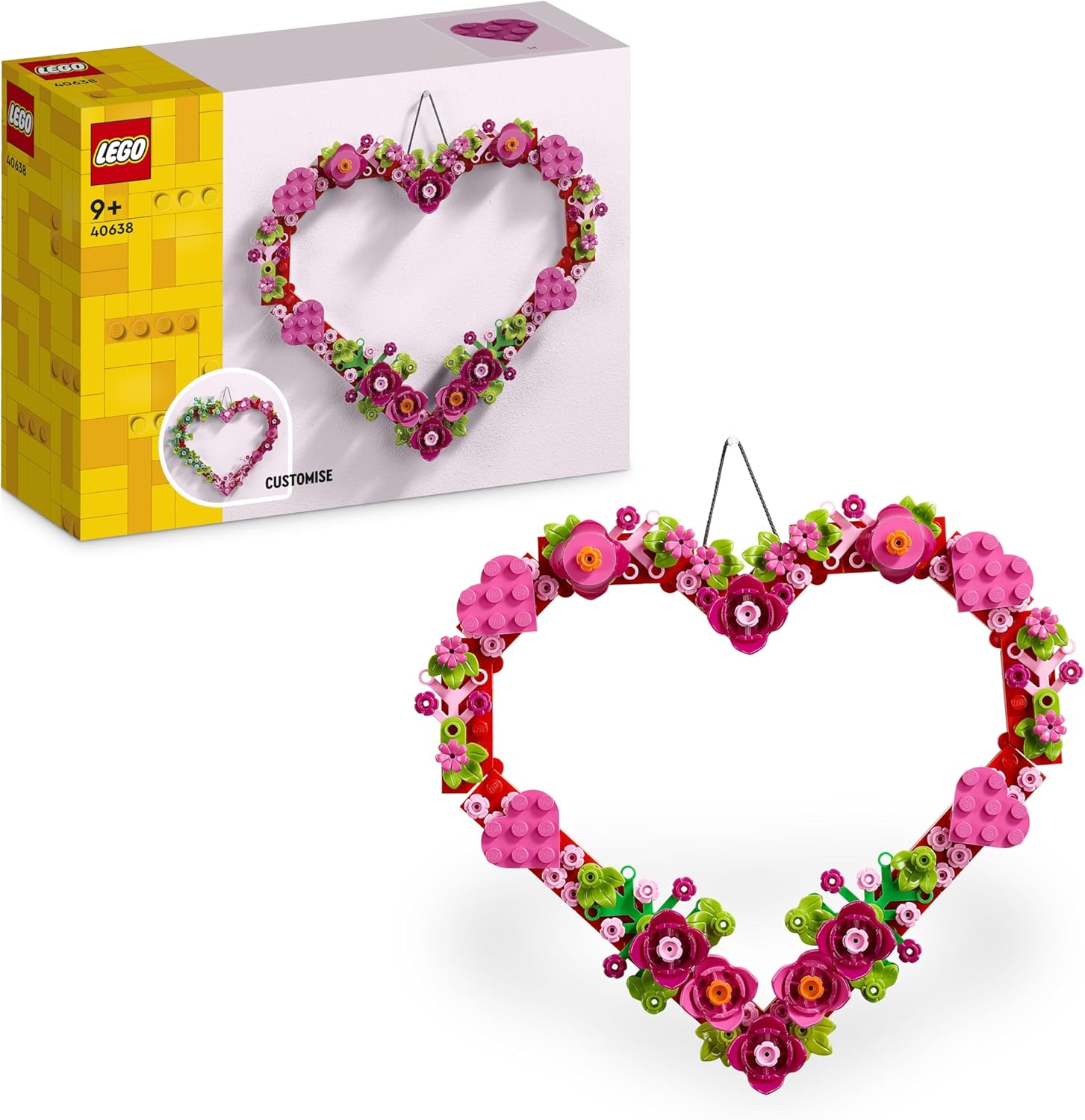 LEGO Heart Ornament 40638 showing two customisation options - pink red and blue green versions