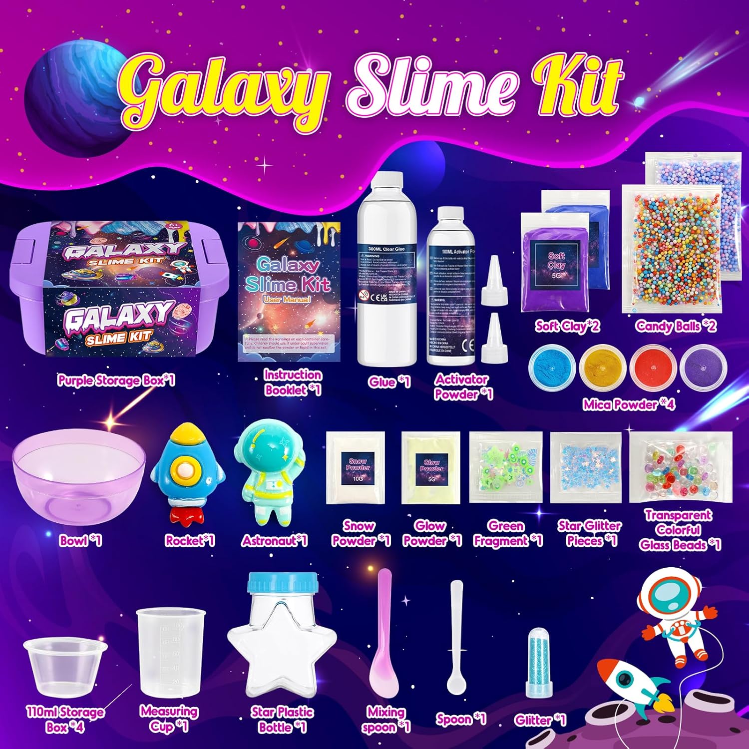 Galaxy Slime Kit for Kids | 29-Piece DIY Slime Making Set | Glow in the Dark, Fluffy & Cloud Slime | Gift for Girls & Boys Ages 6-12