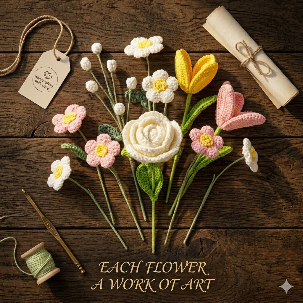 Handmade Crochet Flower Bouquet - Pink Lily, White Rose & Yellow Tulips | Everlasting Home Decor