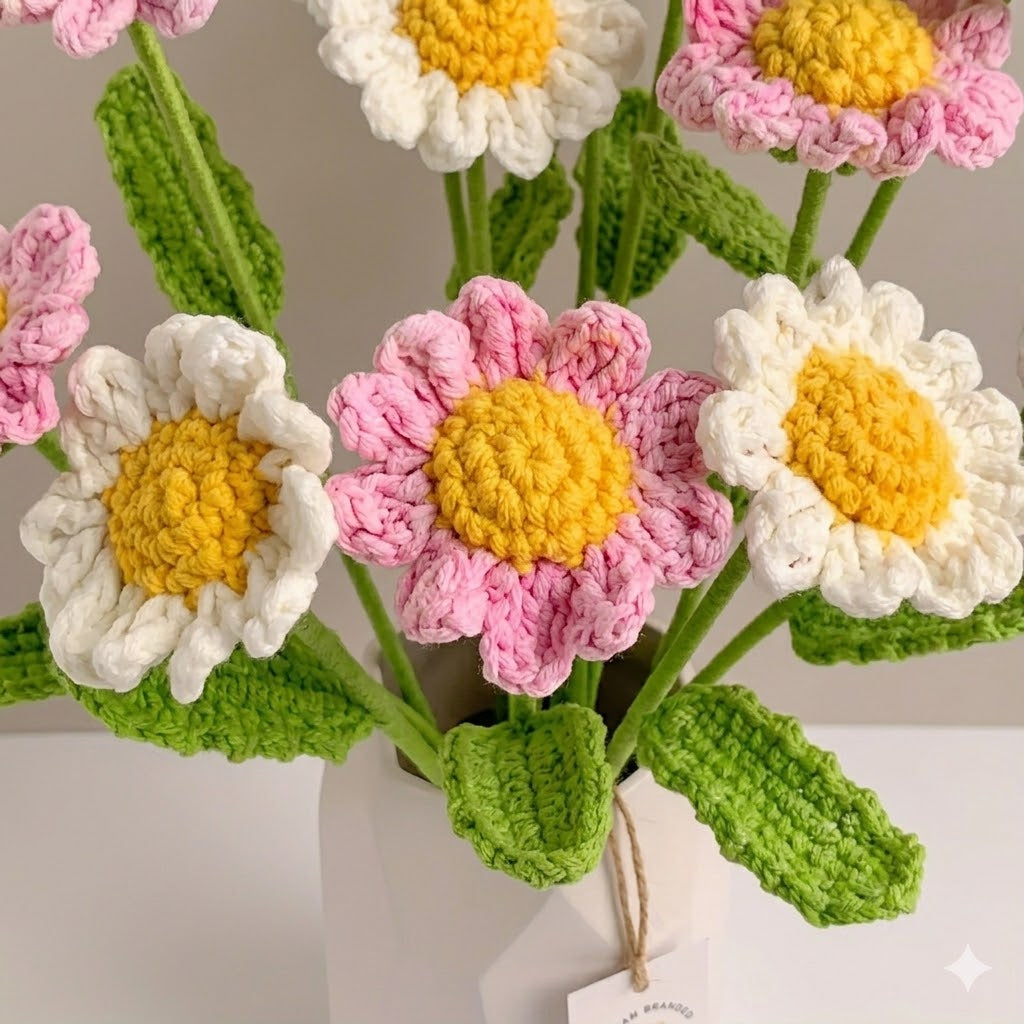 9pcs Handmade Pink & White Daisy Crochet Flower Bouquet | Everlasting Home Decor