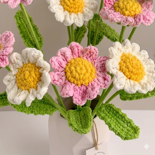 9pcs Handmade Pink & White Daisy Crochet Flower Bouquet | Everlasting Home Decor