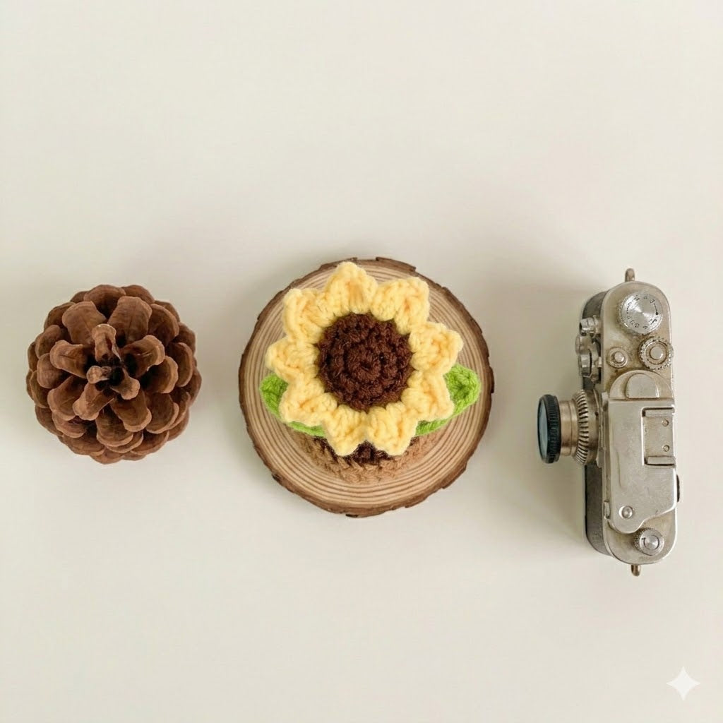 Handmade Crochet Sunflower Potted Plant | Double Leaf Yarn Flower Desk Decor