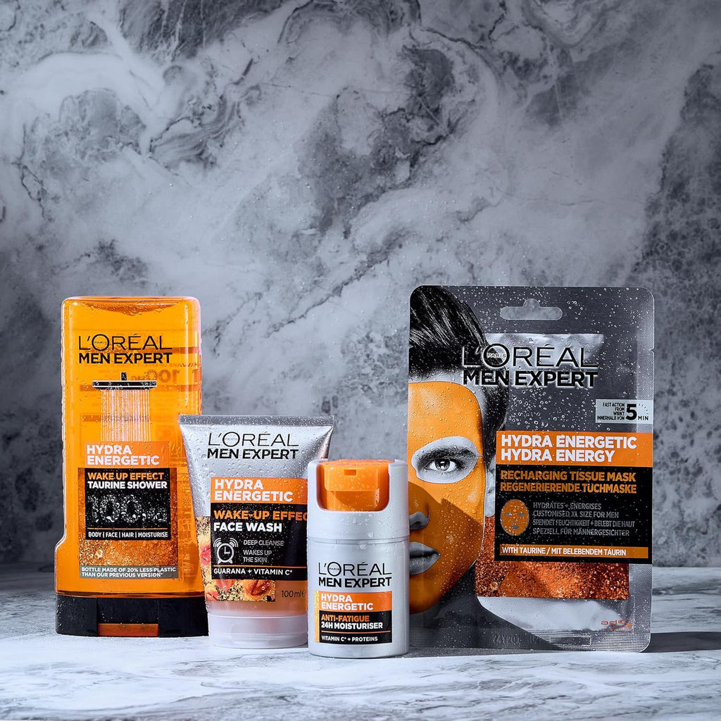L'Oreal Men Expert Fully Charged set contents - Shower Gel, Face Wash, Moisturiser, Sheet Mask and Washbag
