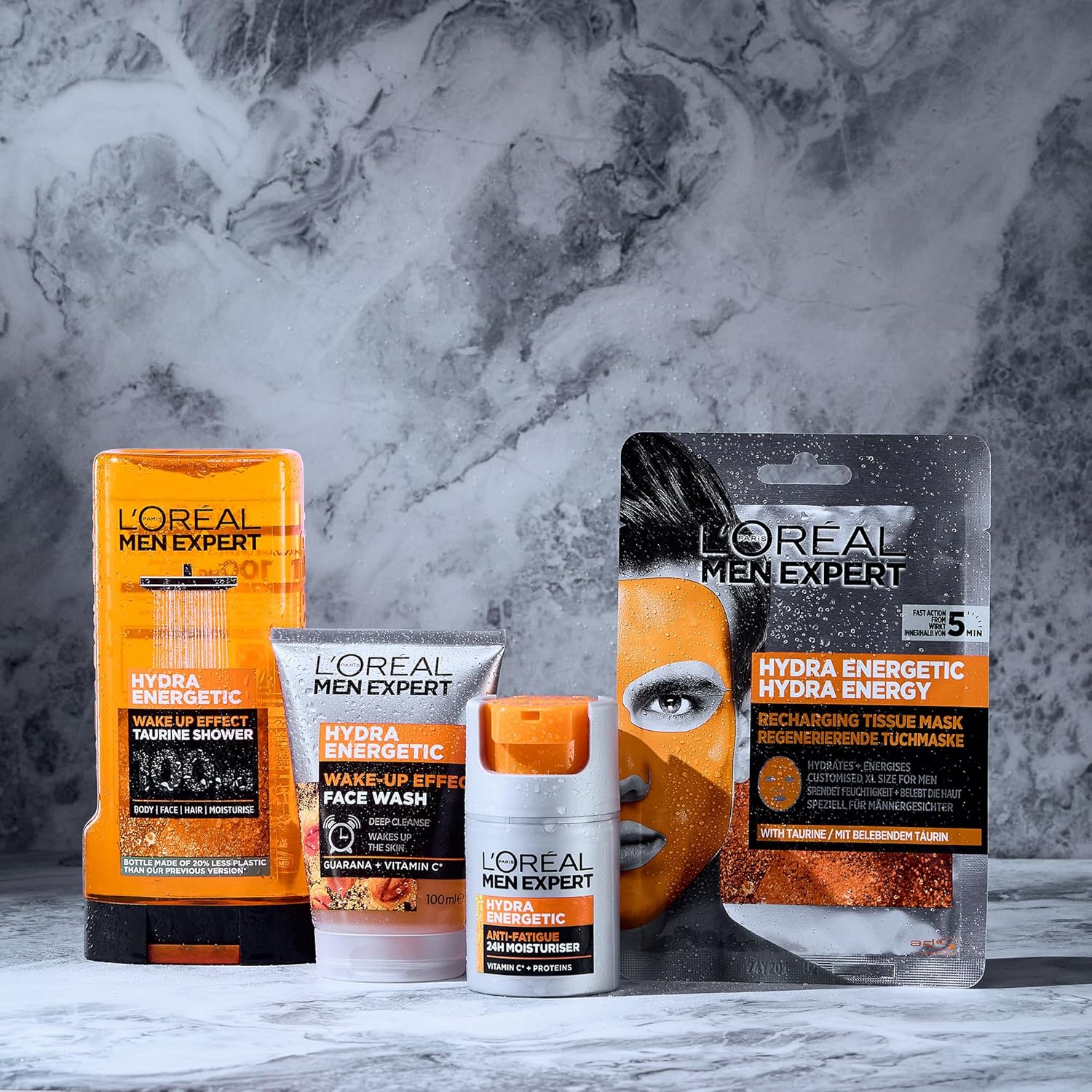 L'Oreal Men Expert Fully Charged set contents - Shower Gel, Face Wash, Moisturiser, Sheet Mask and Washbag