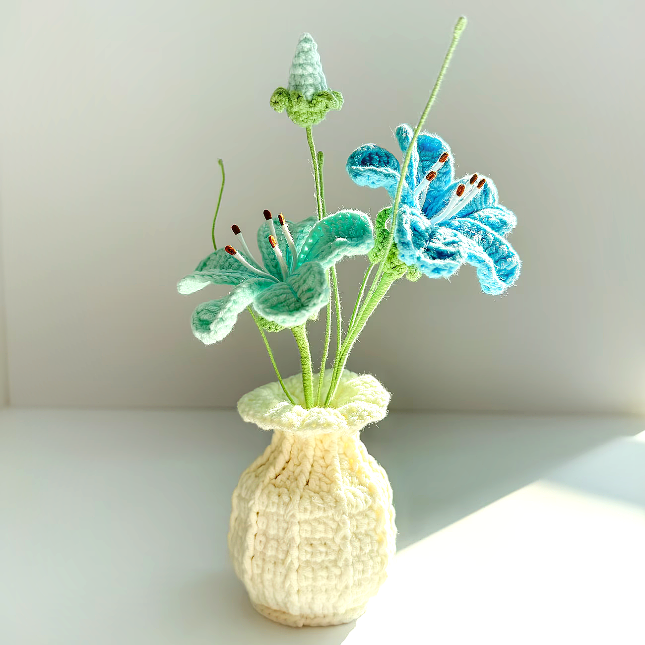 Handmade Crochet Blue Lily Bouquet in Yarn Vase | Turquoise & Blue Everlasting Flowers