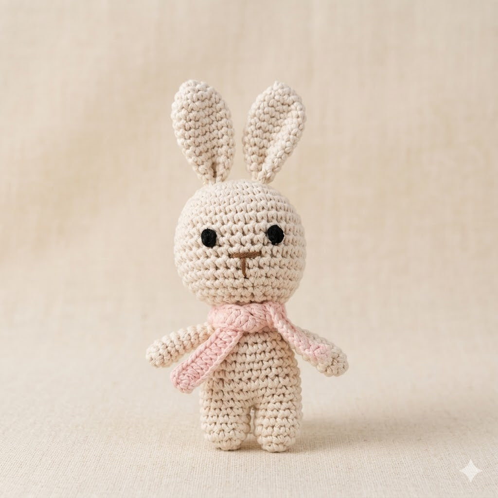 Handmade Crochet Rabbit with Pink Scarf | Newborn Baby Keepsake Toy