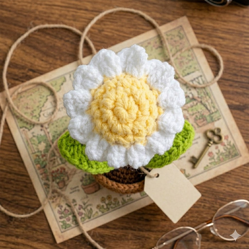 Handmade Crochet White Daisy Potted Plant | Double Leaf Yarn Flower Desk Decor