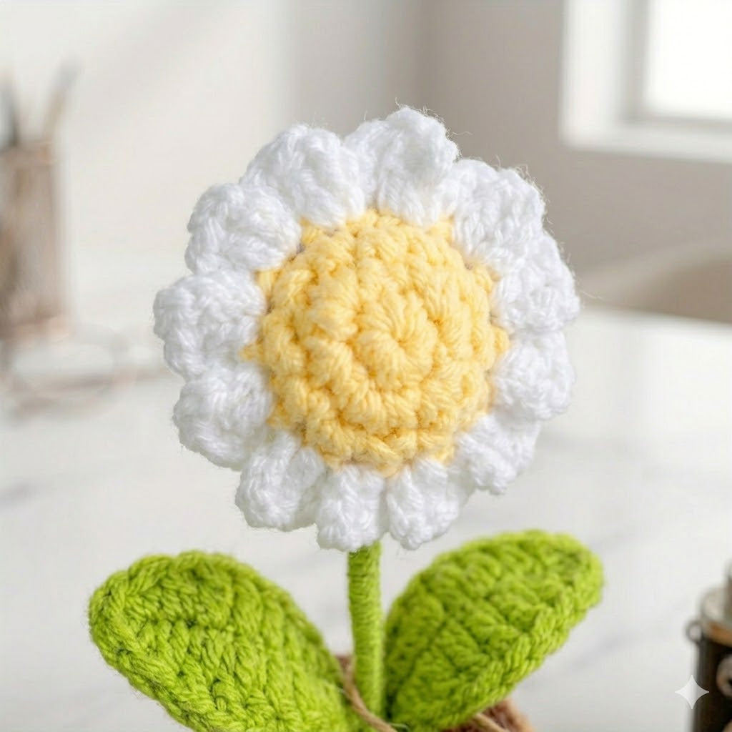Handmade Crochet White Daisy Potted Plant | Double Leaf Yarn Flower Desk Decor