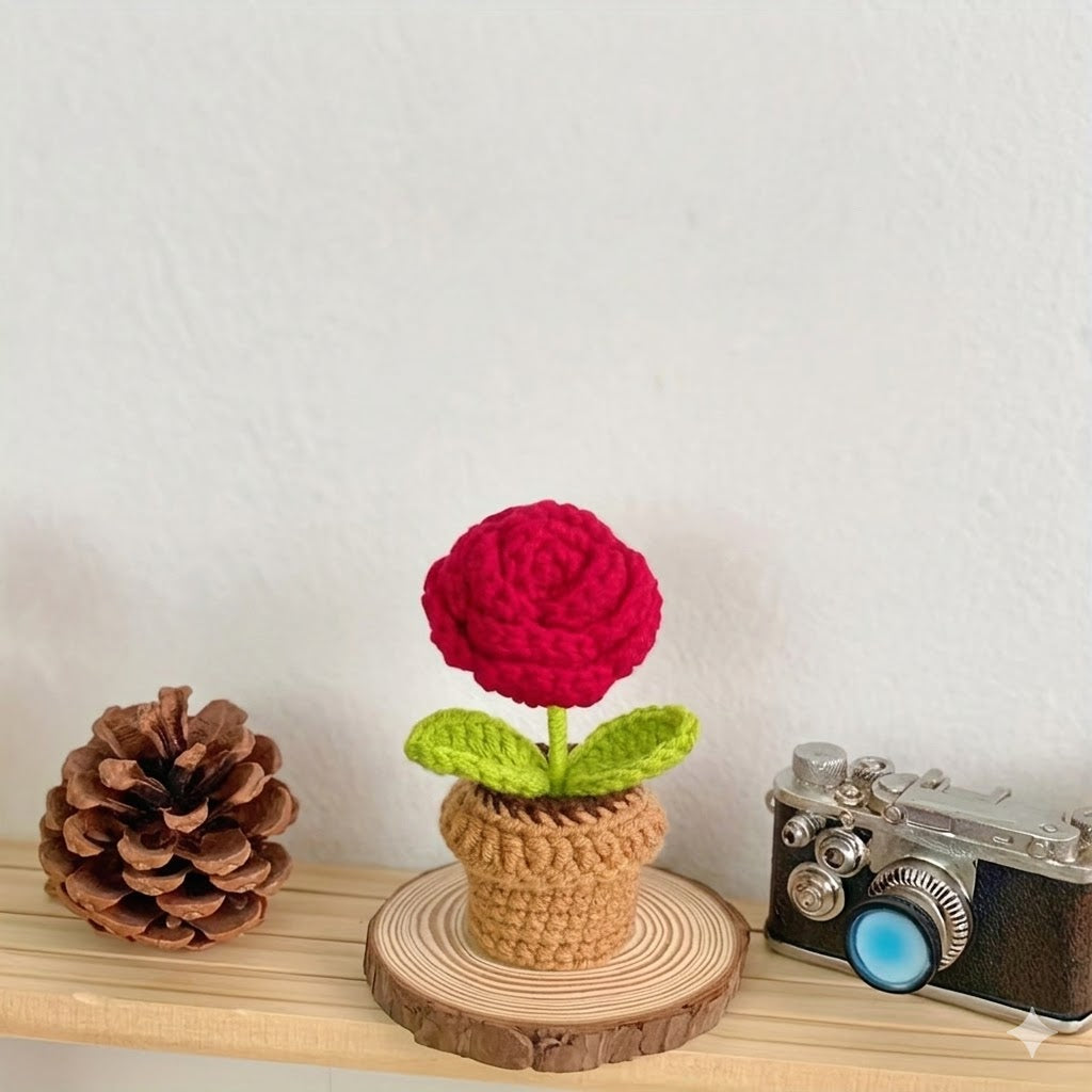 Handmade Crochet Red Rose Potted Plant | Knitted Yarn Flower Desk Decor
