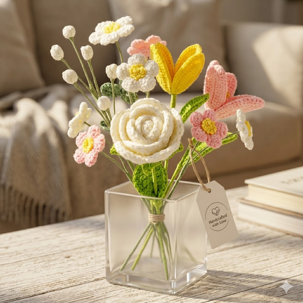 Handmade Crochet Flower Bouquet - Pink Lily, White Rose & Yellow Tulips | Everlasting Home Decor