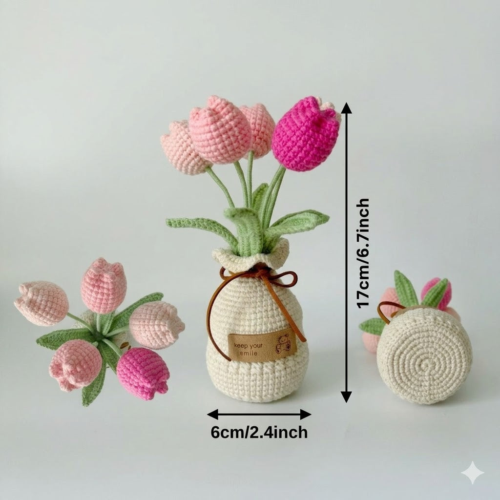 Handmade Crochet Tulip Bouquet in Yarn Vase | Pink Tulips Everlasting Flower Arrangement