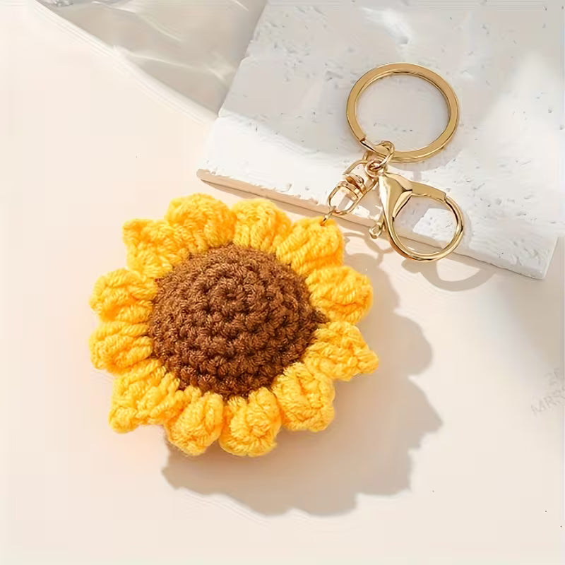 Handmade crochet sunflower keychain with gold clasp
